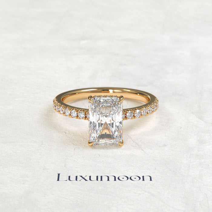 The Norel – 3 CT Radiant Cut Hidden Halo Pavé Diamond Engagement Ring