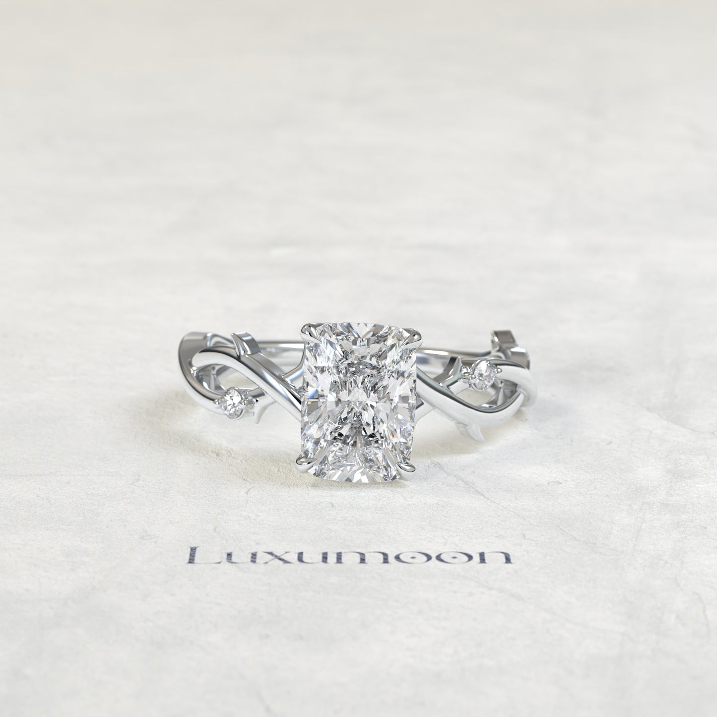 Bague de fiançailles Zorin – Diamant coussin allongé de 3 carats, motif feuille de vigne
