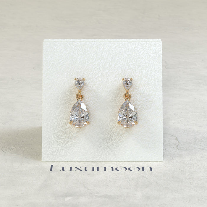 The Vexa – 2 Ct Double Pear Diamond Drop Earrings with Matching Pear Stud Top