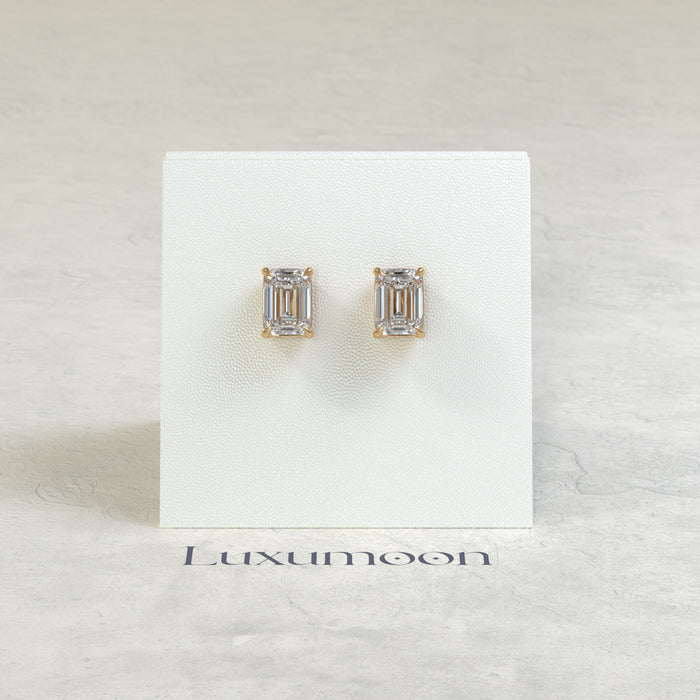 The Nyla – 2 Ct Emerald Diamond Solitaire Studs in Simple Four Prong Basket