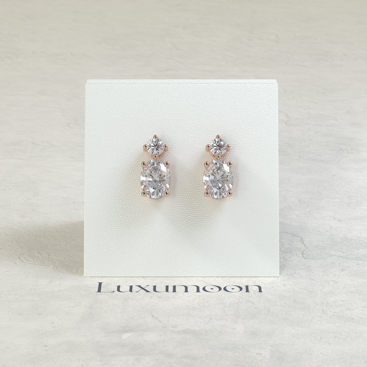 The Liora – 2 Ct Oval Solitaire Diamond Drop Earrings with Brilliant Round Stud Top