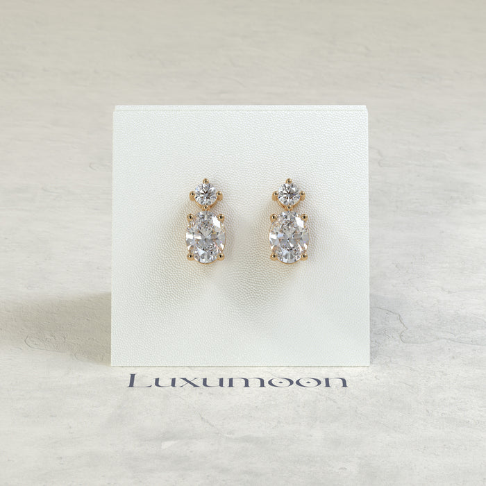 The Liora – 2 Ct Oval Solitaire Diamond Drop Earrings with Brilliant Round Stud Top