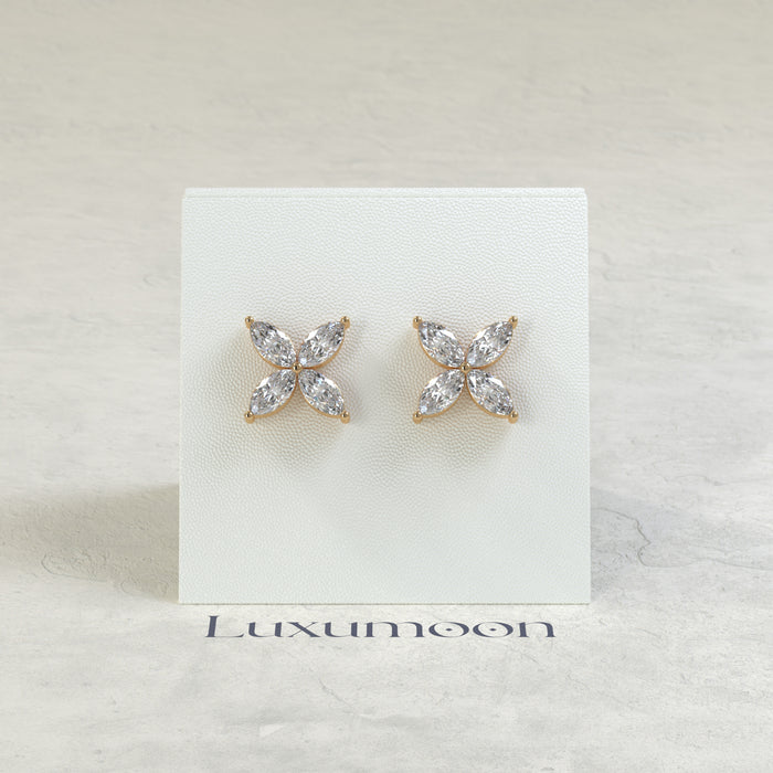 The Aeva – Marquise Diamond Flower Stud Earrings in Four Petal Setting