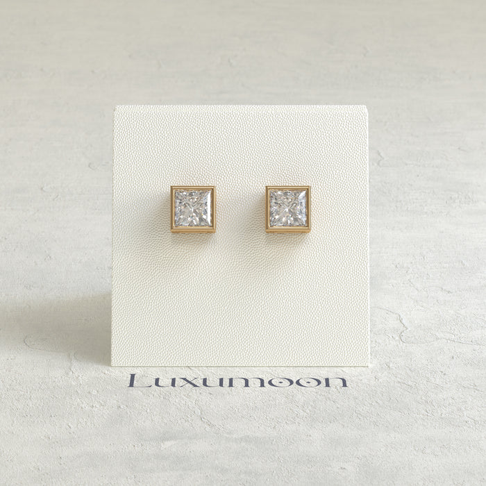The Vera – 2 Ct Princess Diamond Solitaire Studs in Sleek Full Bezel Setting