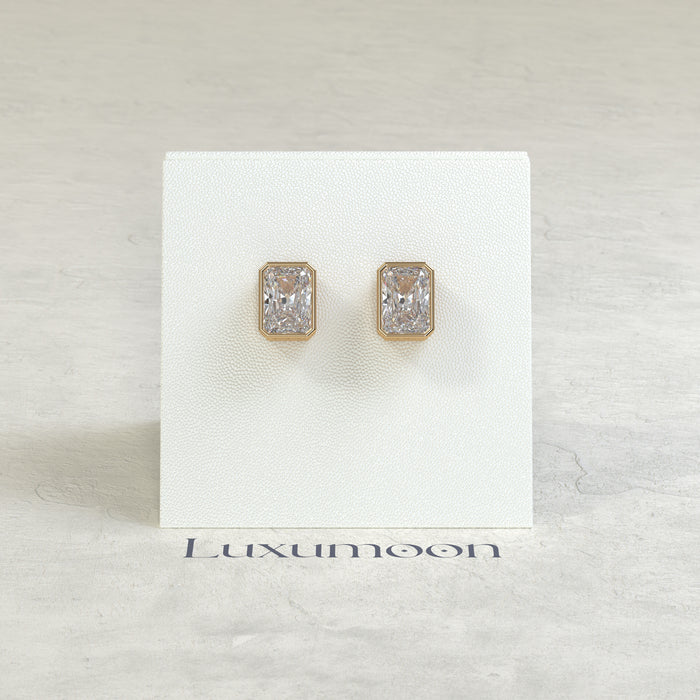 The Ovia – 2 Ct Radiant Diamond Solitaire Studs in Sleek Full Bezel Setting
