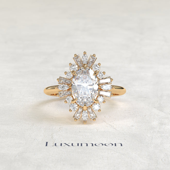The Mira – Oval Cut Lab Grown Diamond Vintage Ballerina Baguette Halo Engagement Ring