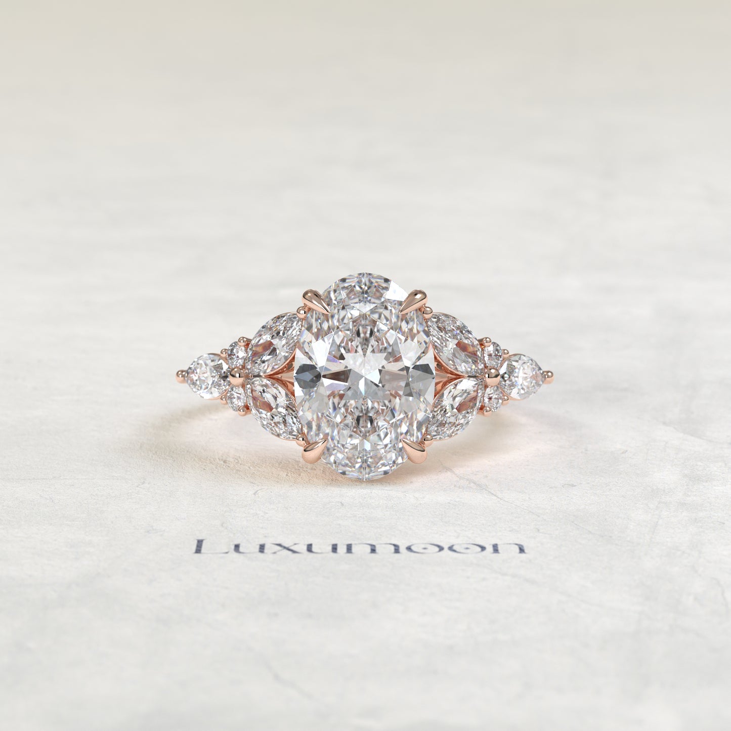 The Kiora – Oval Cut Lab Grown Diamond Stacked Marquise & Round Full Wing Engagement Ring
