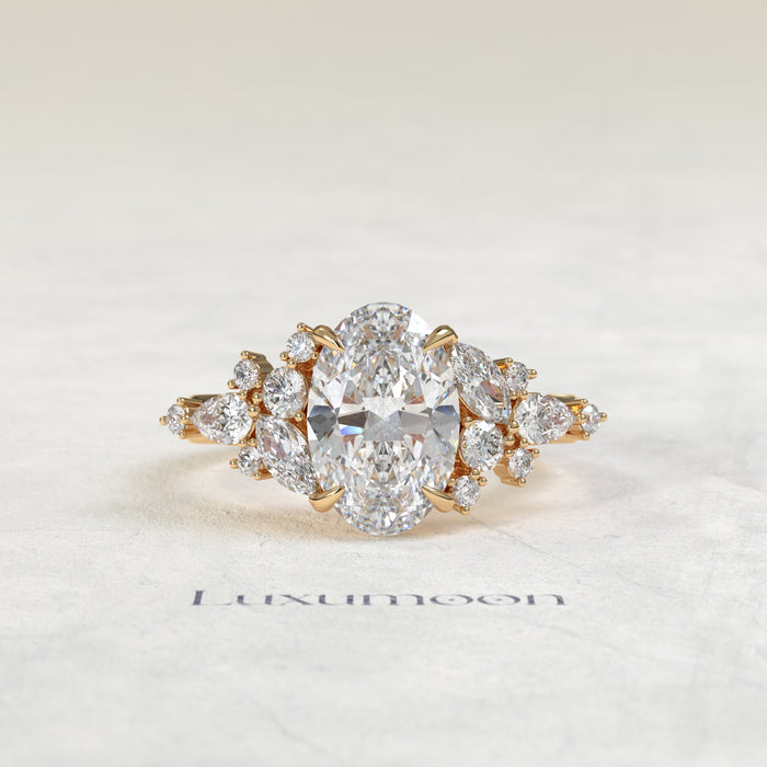 The Kira – Oval Cut Lab Grown Diamond Marquise & Round Scattered Cluster Engagement Ring
