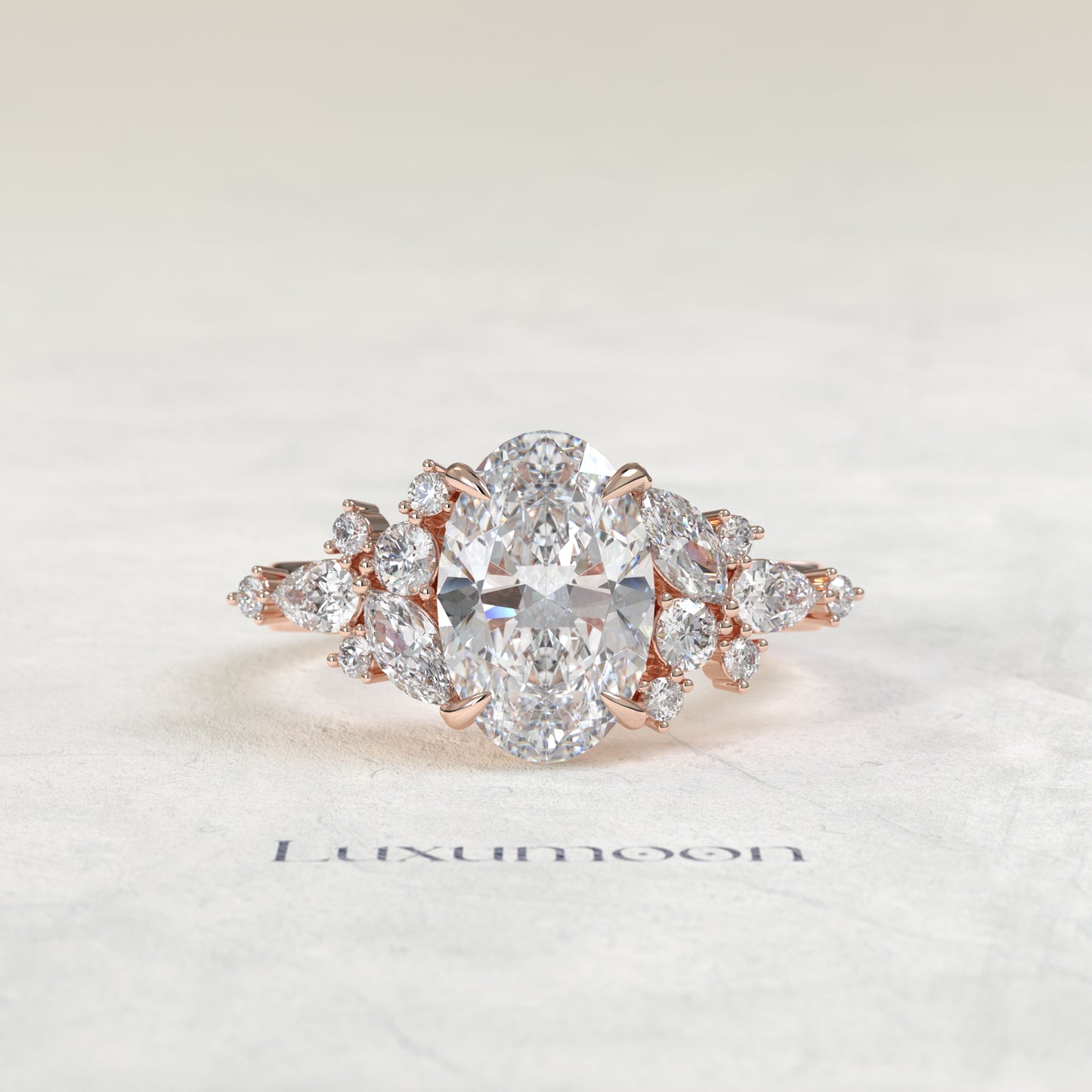 The Kira – Oval Cut Lab Grown Diamond Marquise & Round Scattered Cluster Engagement Ring