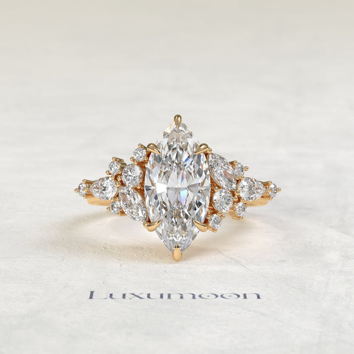 The Alya – Marquise Cut Lab Grown Diamond Wide Scattered Mixed-Cut Cluster Engagement Ring