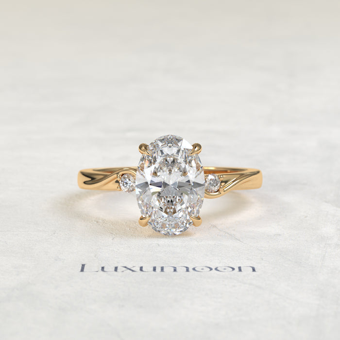 The Sorin – Oval Cut Lab Grown Diamond Twist Shank Round Side Stone Engagement Ring