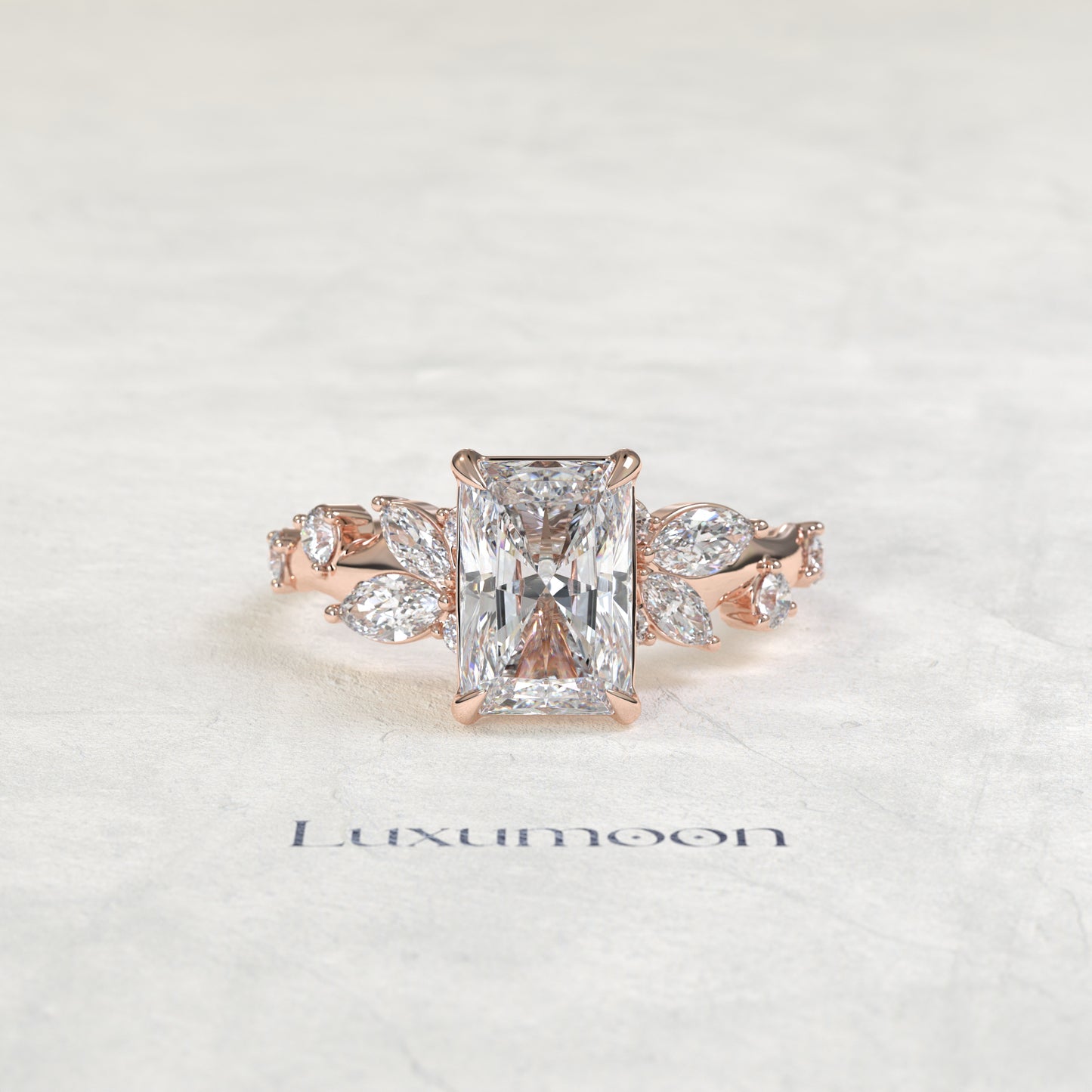 The Fiova – Radiant Cut Lab Grown Diamond Marquise Leaf Cluster Vine Band Engagement Ring