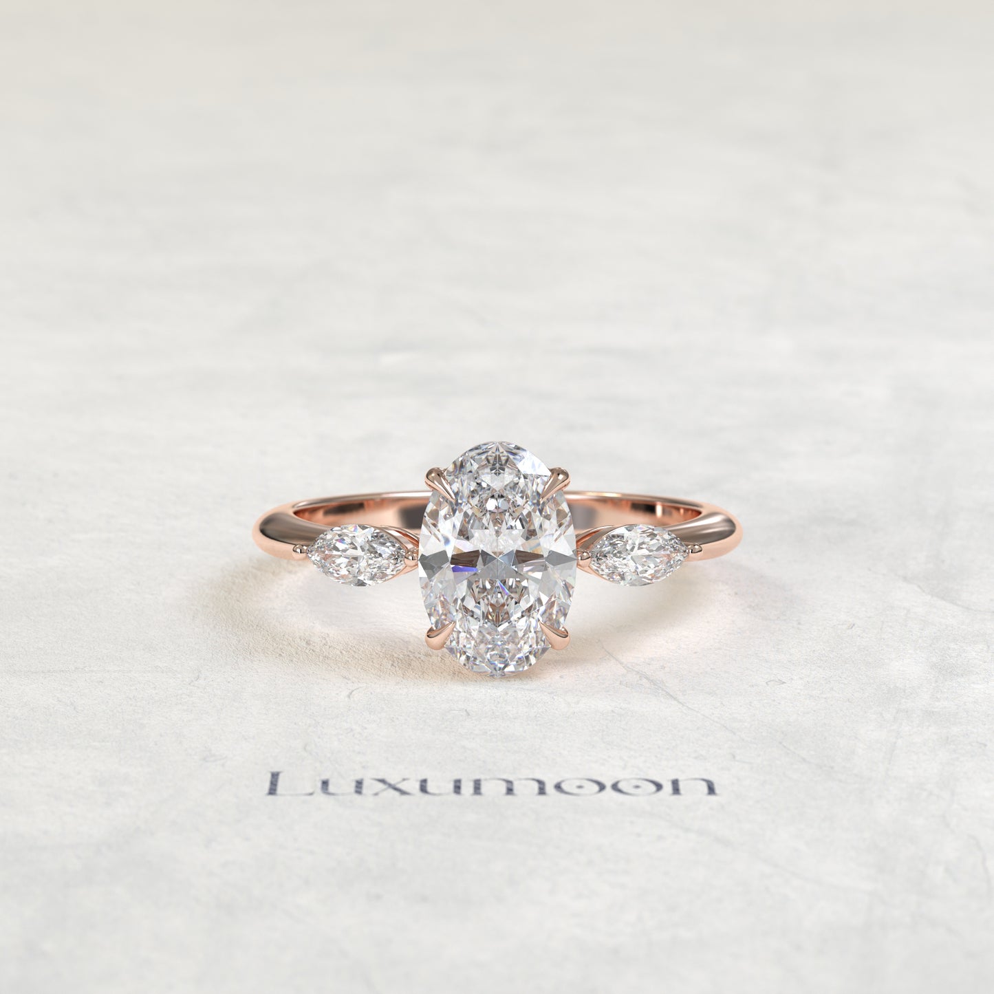 The Alova – Oval Cut Lab Grown Diamond Dainty Marquise Three Stone Engagement Ring
