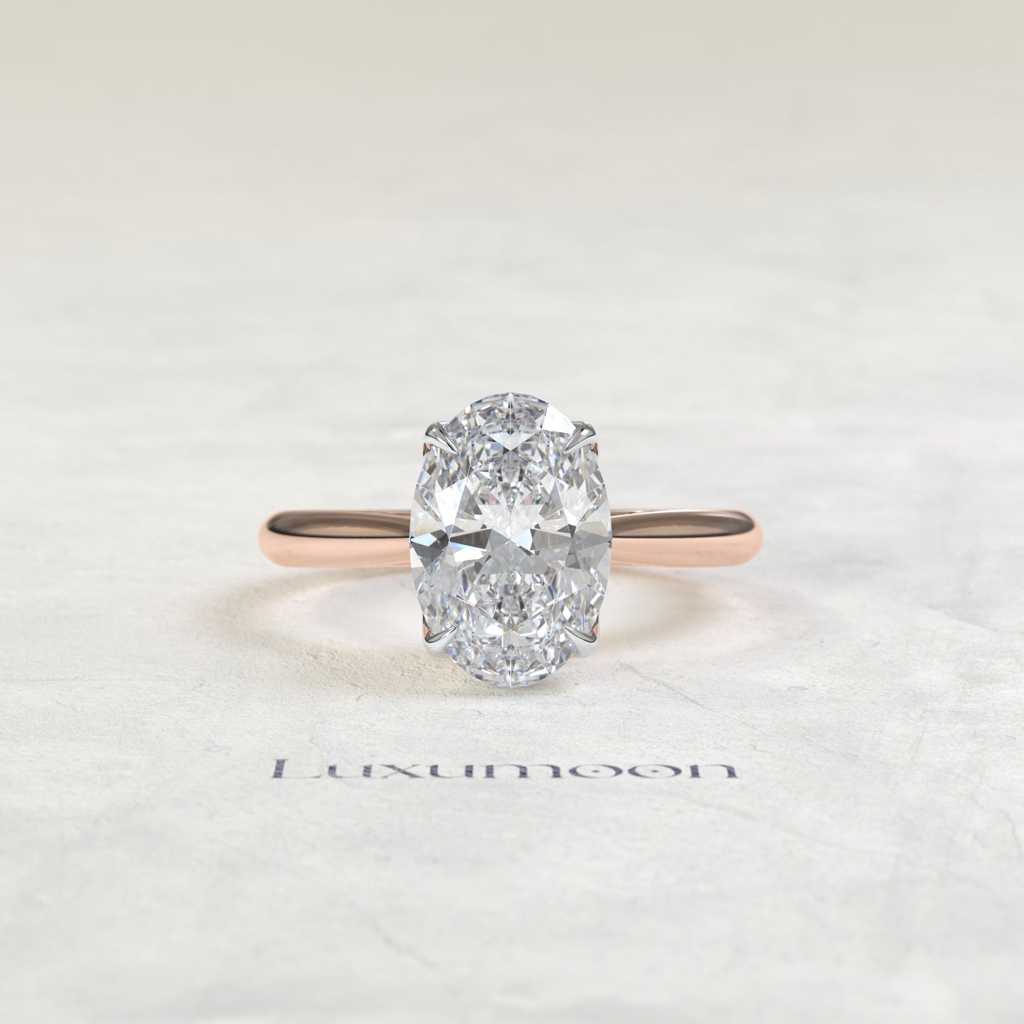 Bague solitaire Noravelle – Diamant ovale 3 carats, taille panier floral, serti d'un diamant.