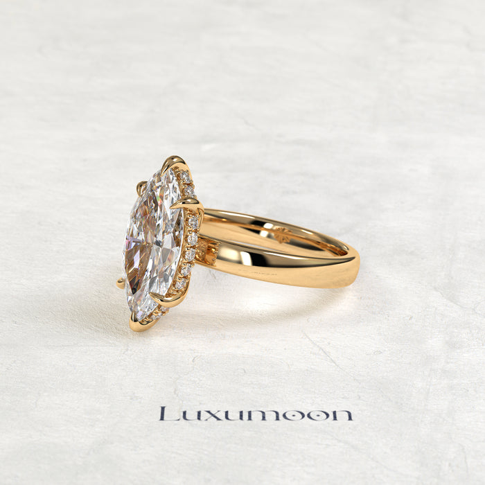Bague de fiançailles Ulavelle – Diamant marquise 4 carats serti d'un halo caché, anneau épais
