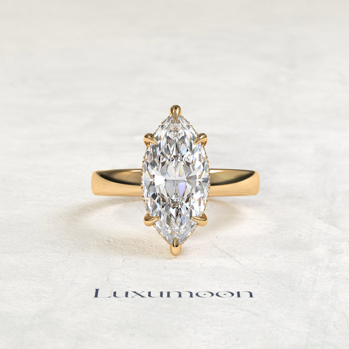 Bague de fiançailles Ulavelle – Diamant marquise 4 carats serti d'un halo caché, anneau épais