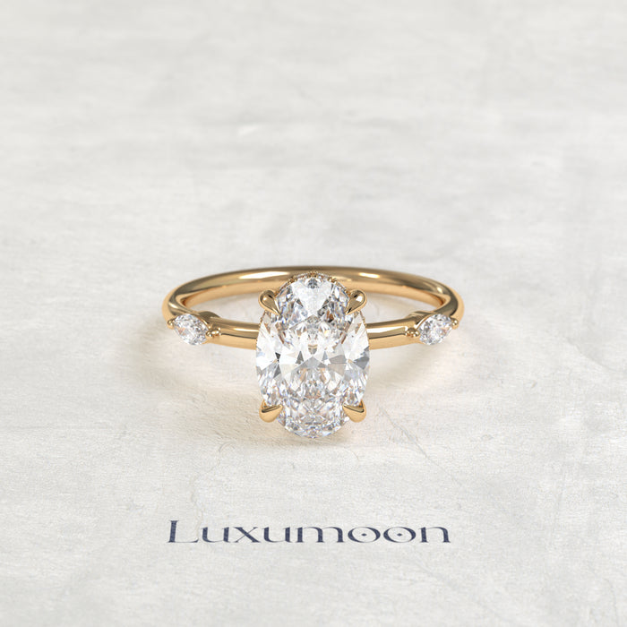 The Dervelle – 2 CT Oval Hidden Halo with Pave Marquise Diamond Ring