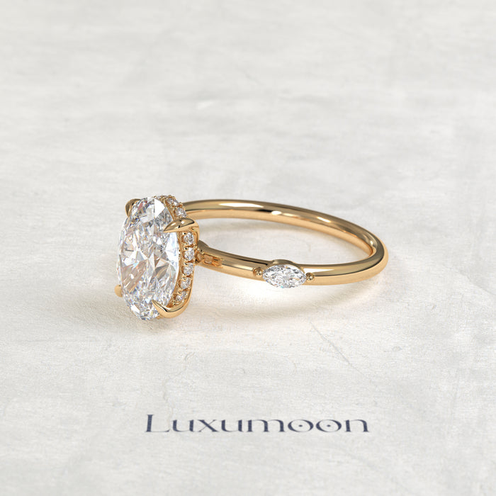 The Dervelle – 2 CT Oval Hidden Halo with Pave Marquise Diamond Ring