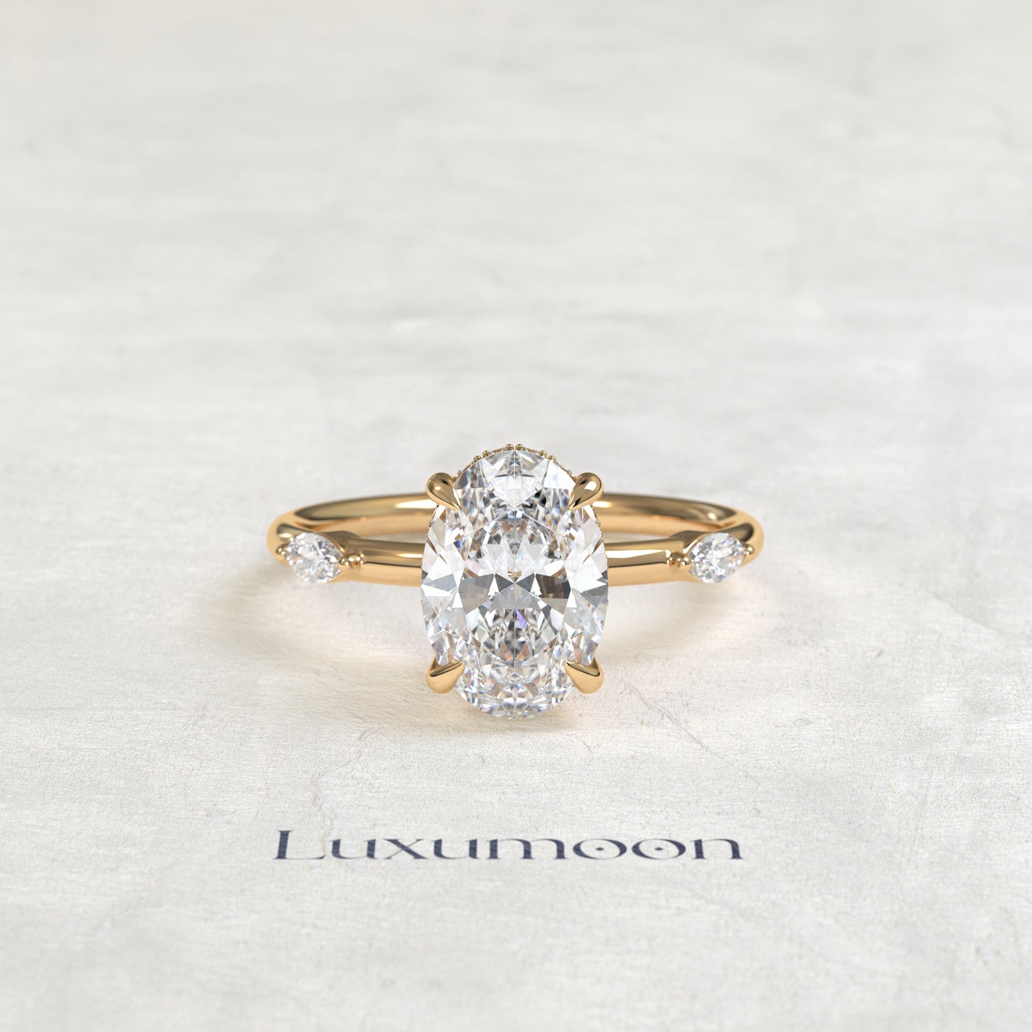 The Dervelle – 2 CT Oval Hidden Halo with Pave Marquise Diamond Ring
