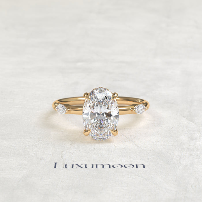 The Dervelle – 2 CT Oval Hidden Halo with Pave Marquise Diamond Ring