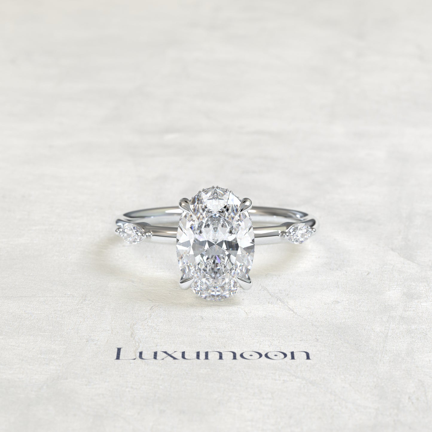 The Dervelle – 2 CT Oval Hidden Halo with Pave Marquise Diamond Ring