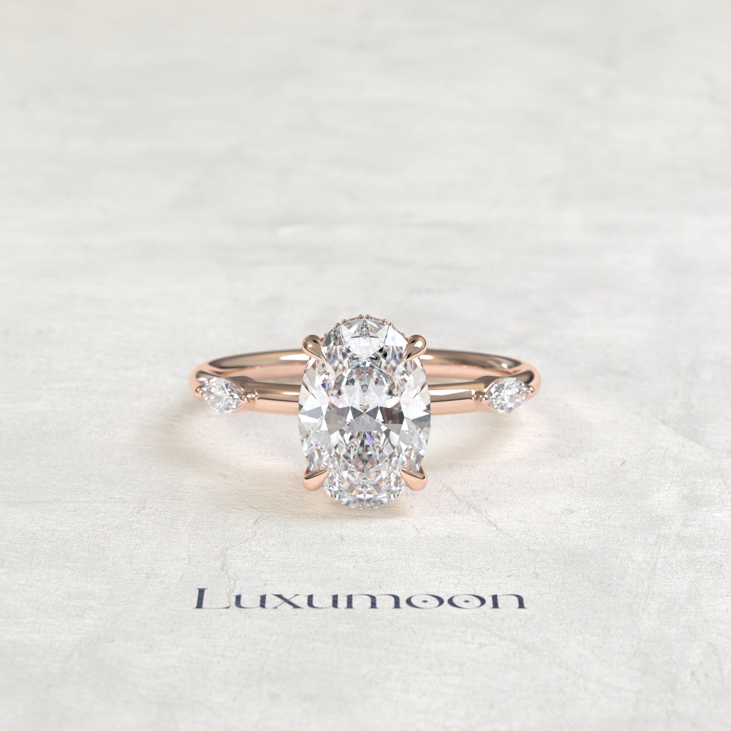 The Dervelle – 2 CT Oval Hidden Halo with Pave Marquise Diamond Ring