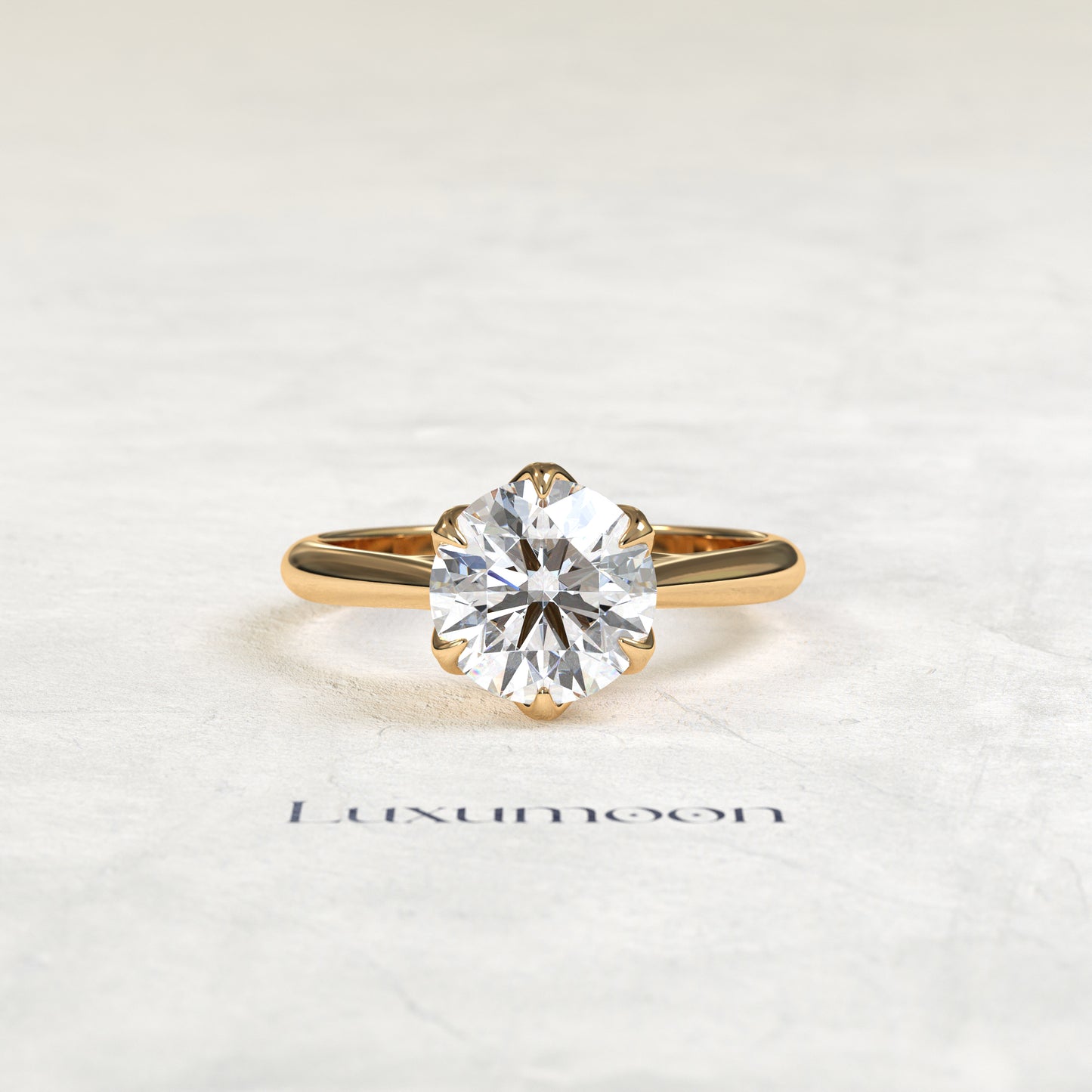 El anillo de compromiso solitario de diamante redondo Nyrelisse – 3 CT con engaste de pétalo