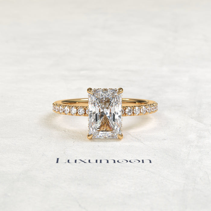 The Norel – 3 CT Radiant Cut Hidden Halo Pavé Diamond Engagement Ring