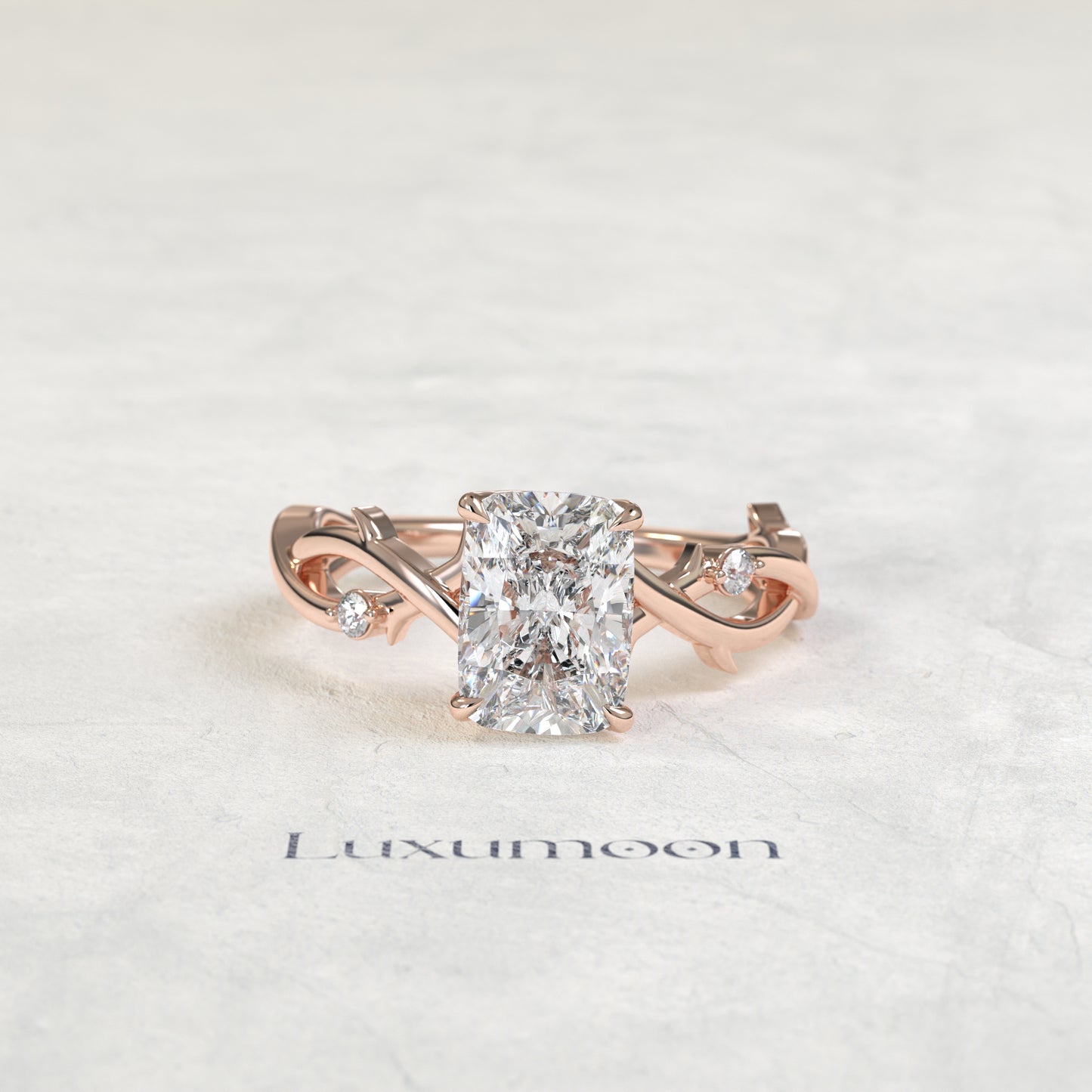 Bague de fiançailles Zorin – Diamant coussin allongé de 3 carats, motif feuille de vigne