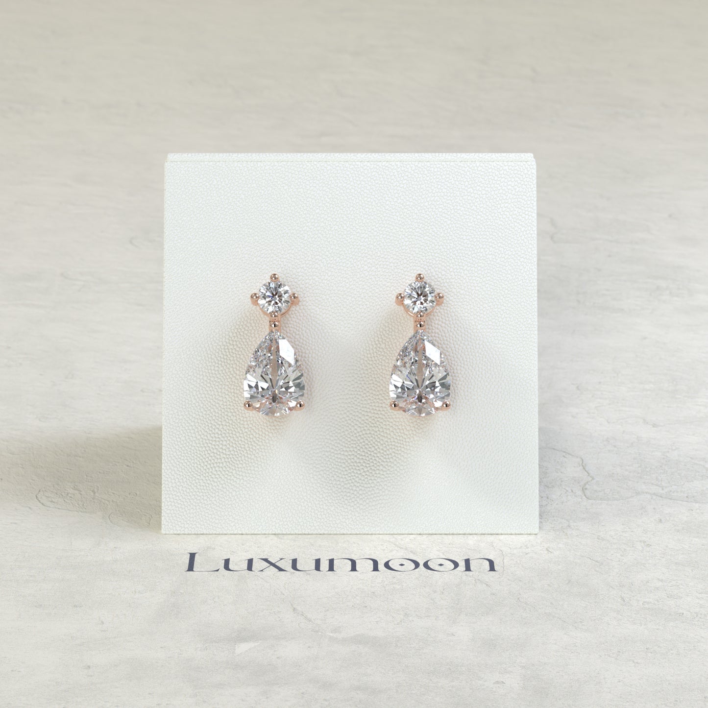 The Zira – 2 Ct Pear Solitaire Diamond Drop Earrings with Brilliant Round Stud Top