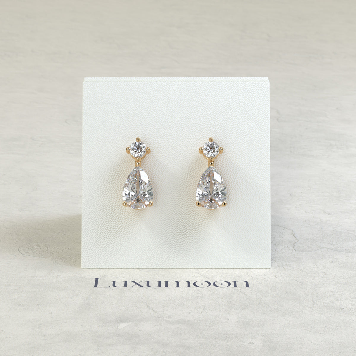 The Zira – 2 Ct Pear Solitaire Diamond Drop Earrings with Brilliant Round Stud Top