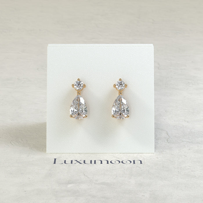 The Zira – 2 Ct Pear Solitaire Diamond Drop Earrings with Brilliant Round Stud Top