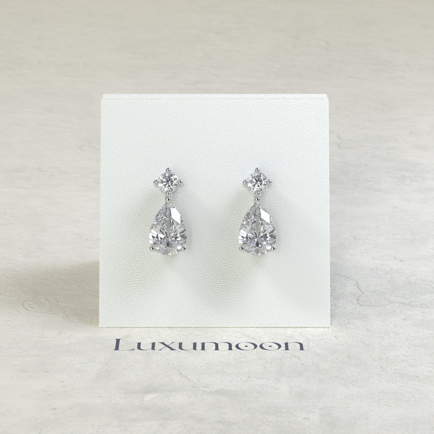 The Zira – 2 Ct Pear Solitaire Diamond Drop Earrings with Brilliant Round Stud Top