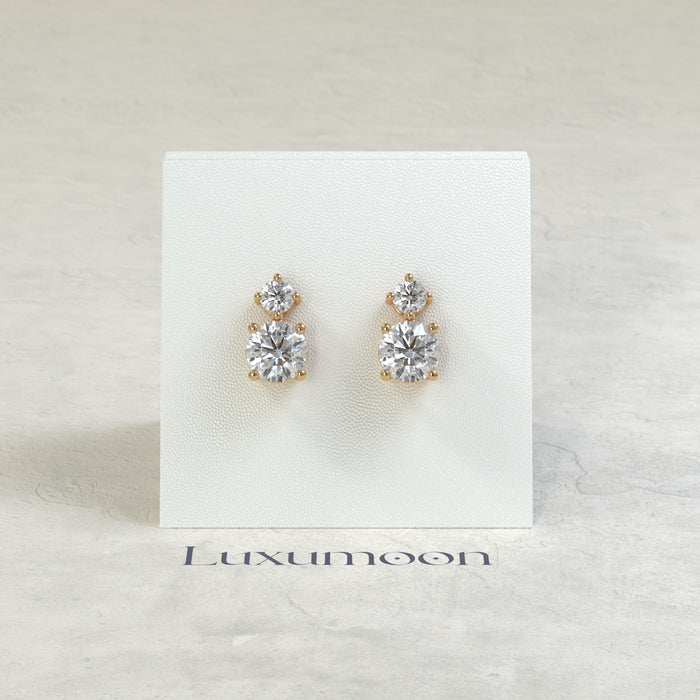 The Mirel – 3 Ct Round Solitaire Diamond Drop Earrings with Brilliant Round Stud Top