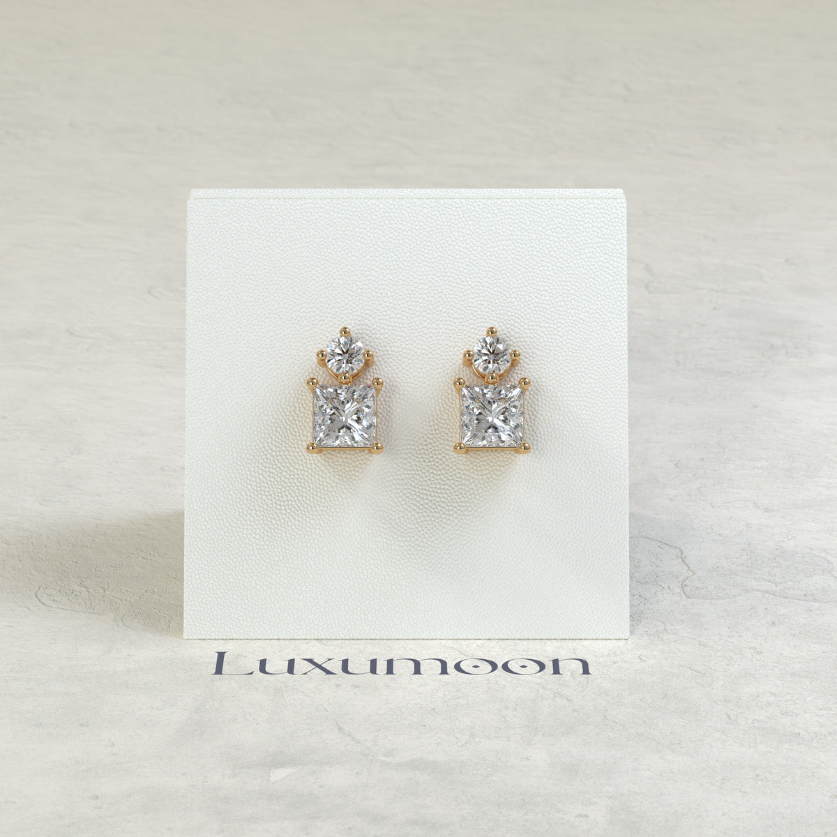 The Aven – 2 Ct Princess Solitaire Diamond Drop Earrings with Brilliant Round Stud Top