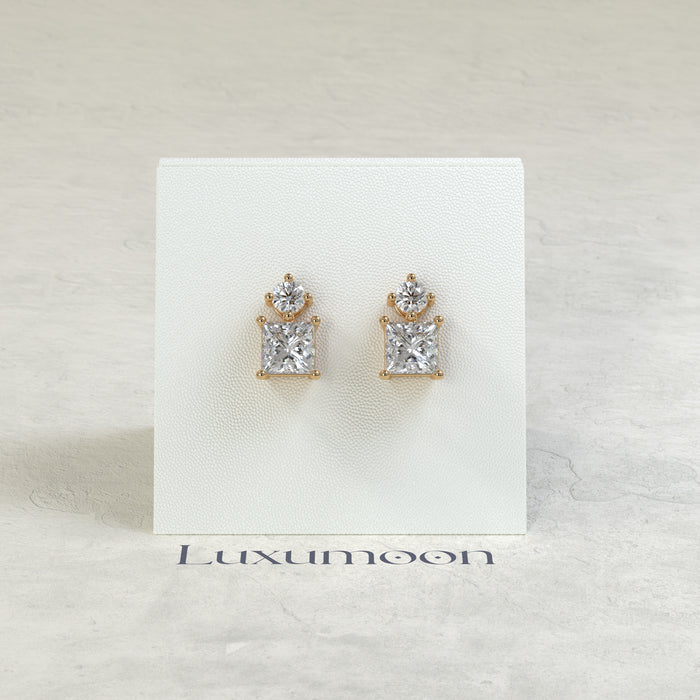The Aven – 2 Ct Princess Solitaire Diamond Drop Earrings with Brilliant Round Stud Top