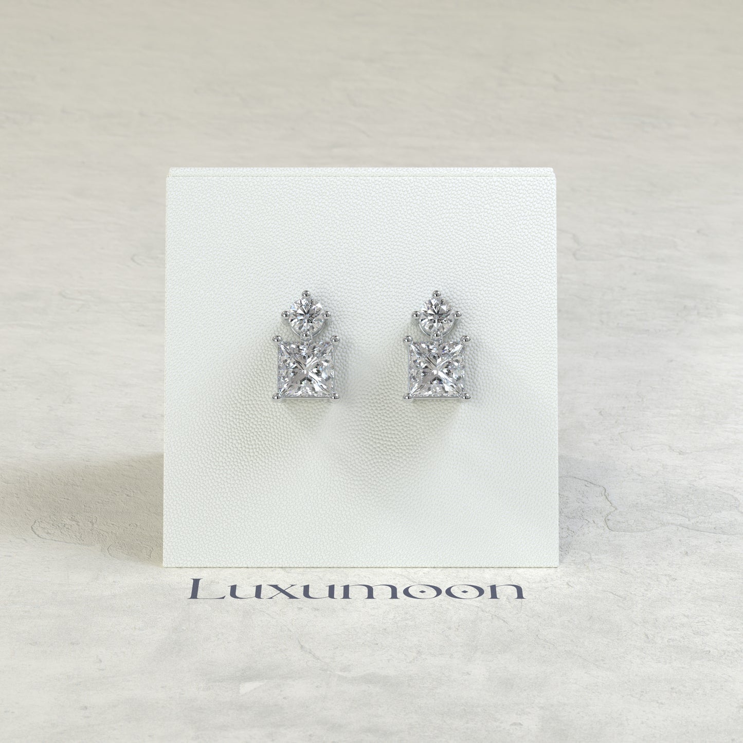 The Aven – 2 Ct Princess Solitaire Diamond Drop Earrings with Brilliant Round Stud Top