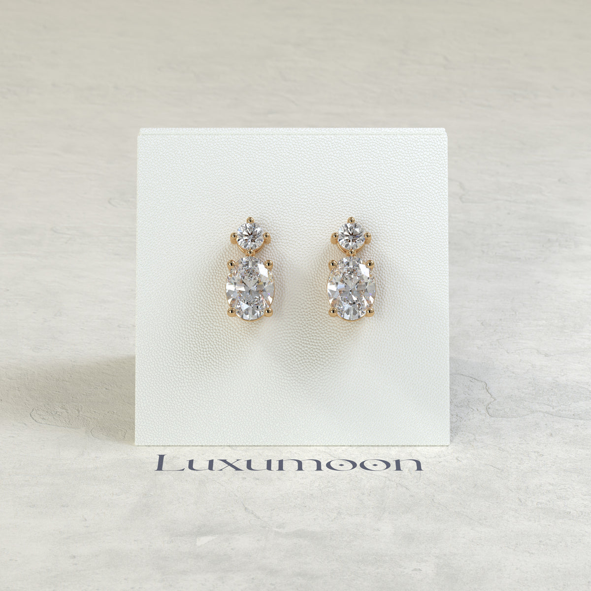 The Liora – 2 Ct Oval Solitaire Diamond Drop Earrings with Brilliant Round Stud Top