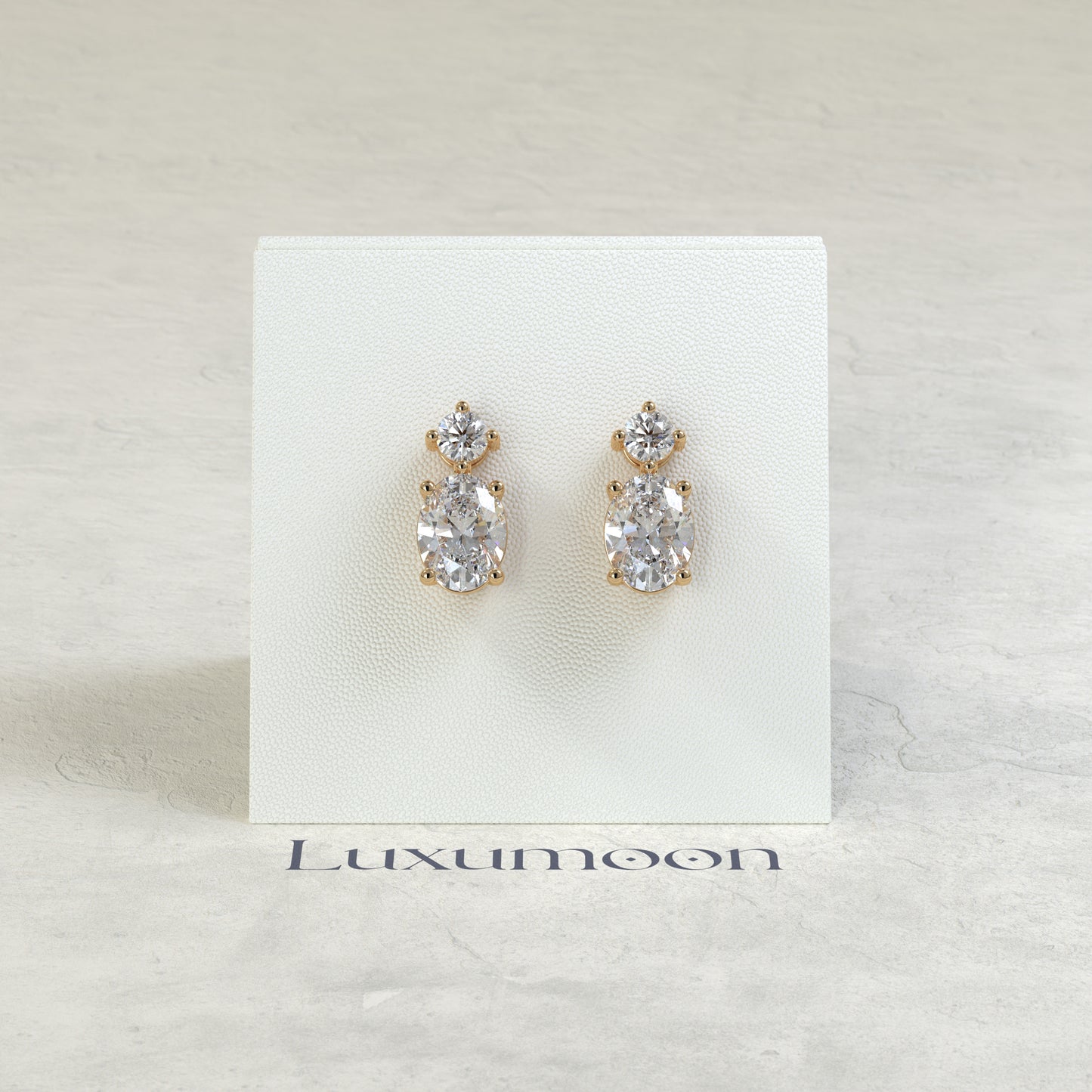 The Liora – 2 Ct Oval Solitaire Diamond Drop Earrings with Brilliant Round Stud Top