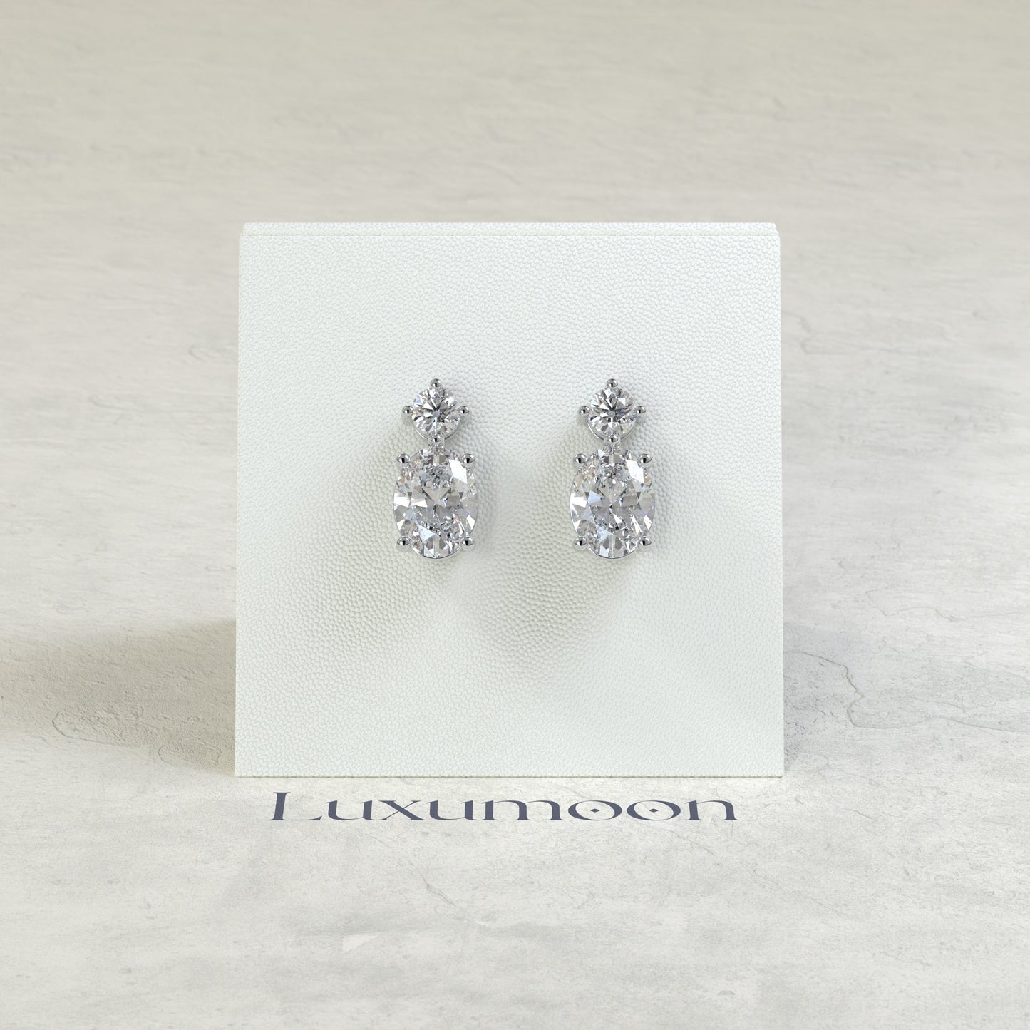 The Liora – 2 Ct Oval Solitaire Diamond Drop Earrings with Brilliant Round Stud Top