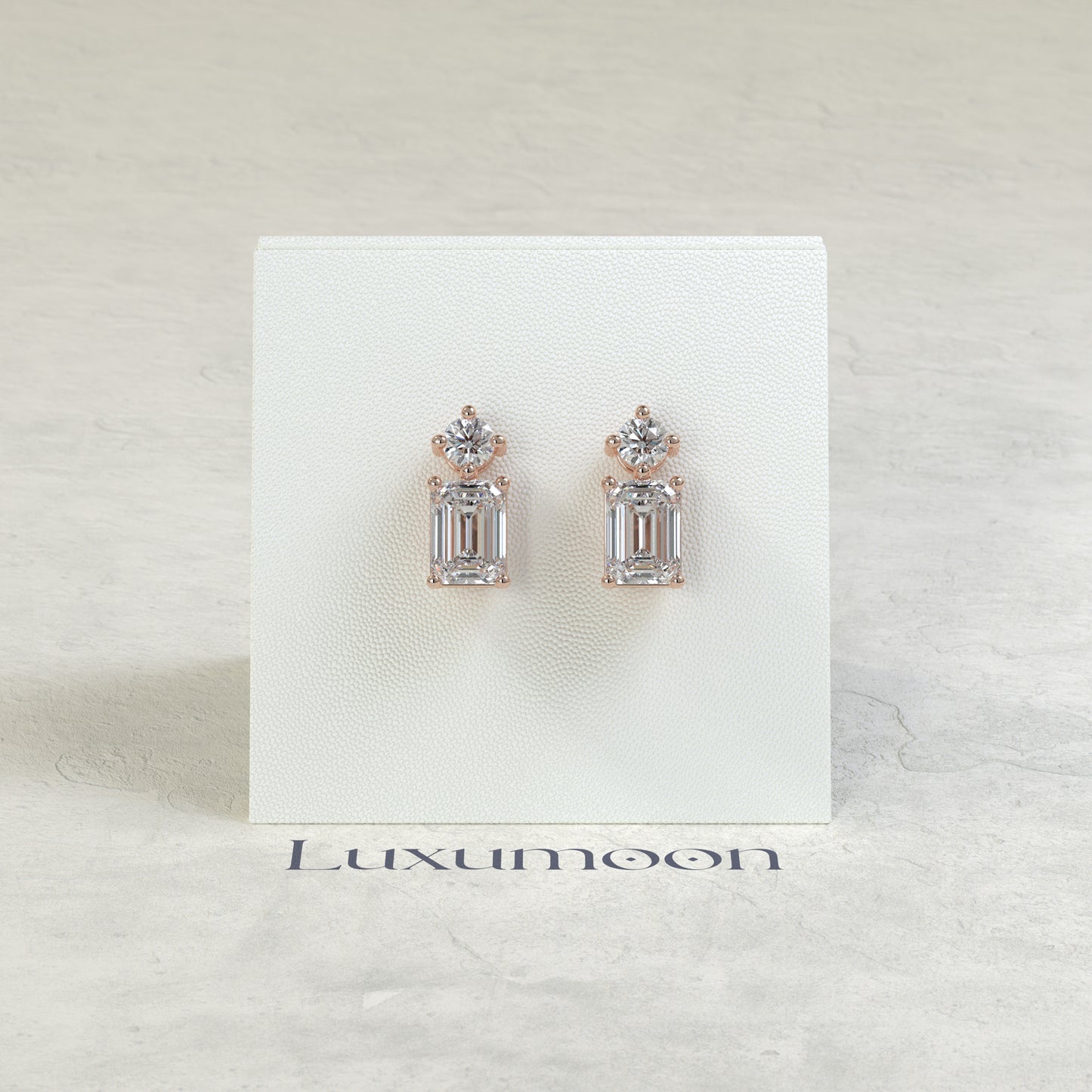 The Vexa – 3 Ct Emerald Cut Diamond Dangle Drop Earrings with Round Diamond Stud Top