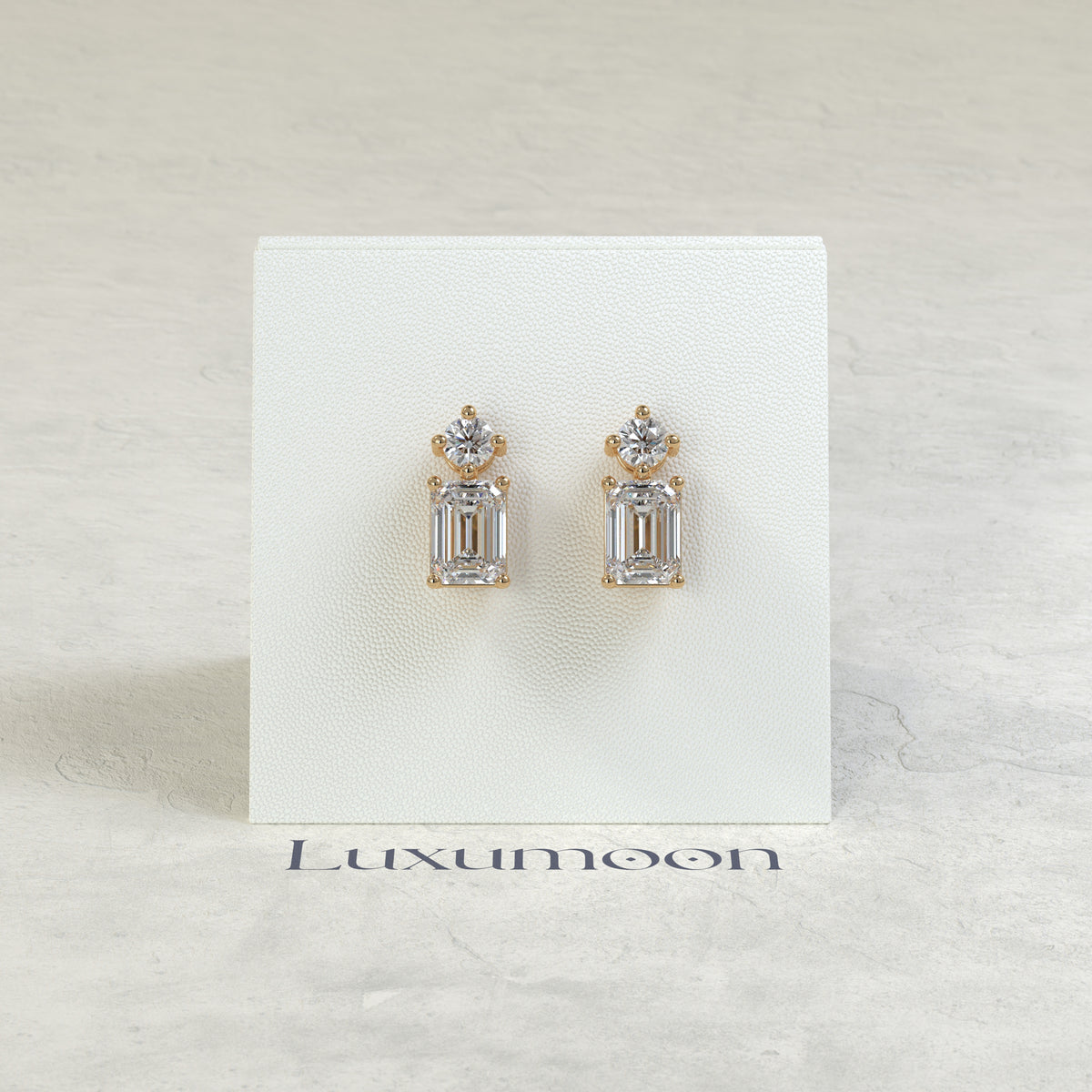 The Vexa – 3 Ct Emerald Cut Diamond Dangle Drop Earrings with Round Diamond Stud Top