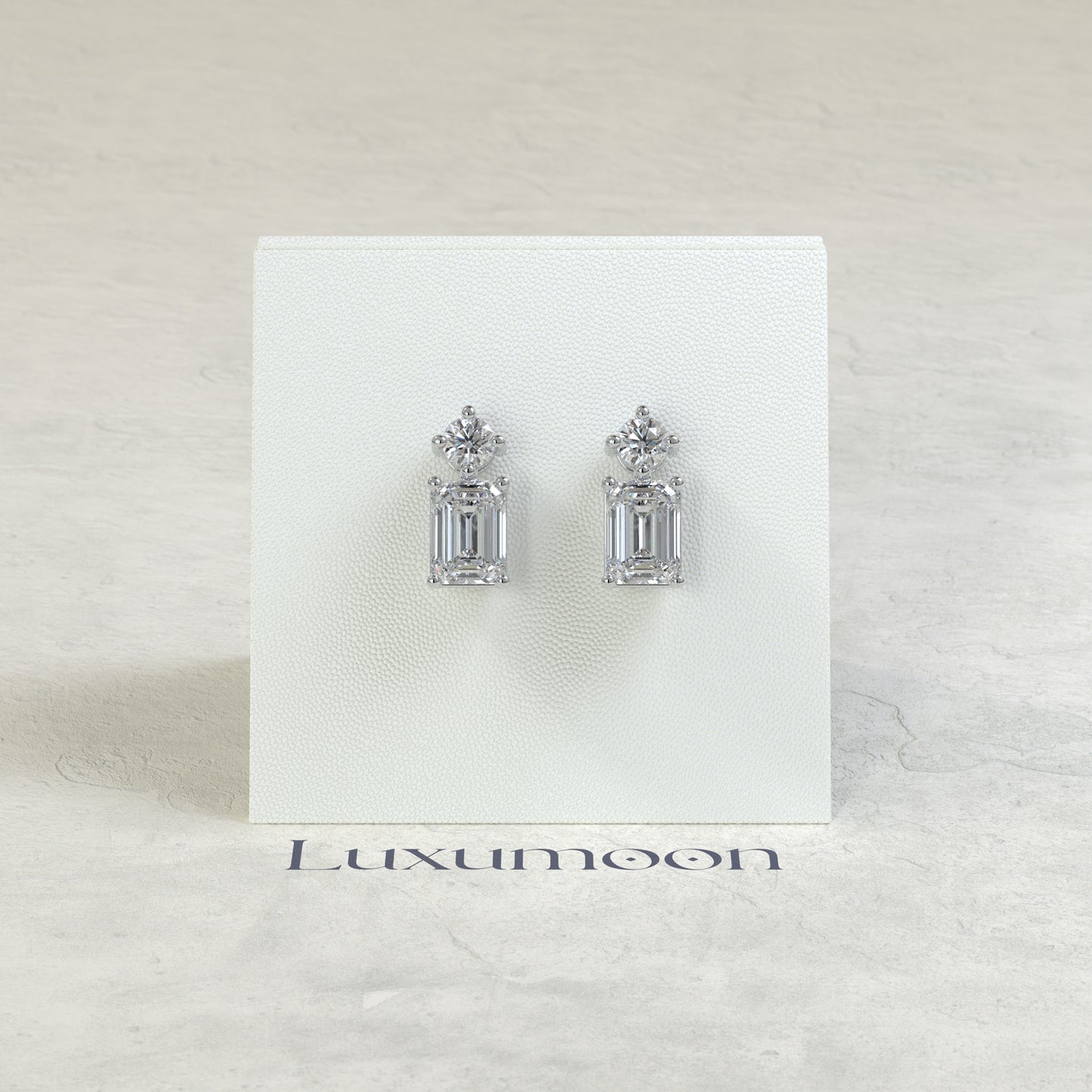 The Vexa – 3 Ct Emerald Cut Diamond Dangle Drop Earrings with Round Diamond Stud Top
