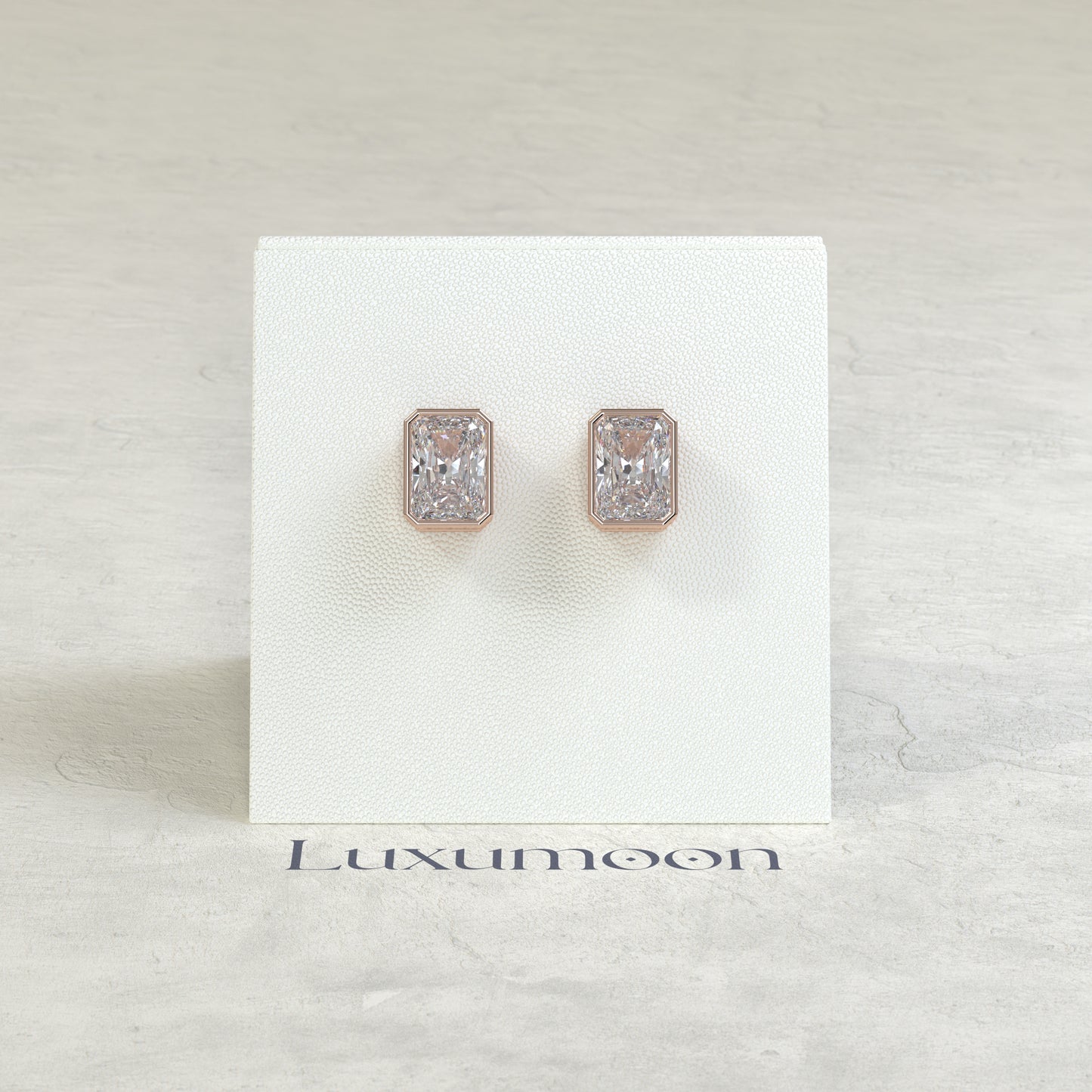The Ovia – 2 Ct Radiant Diamond Solitaire Studs in Sleek Full Bezel Setting
