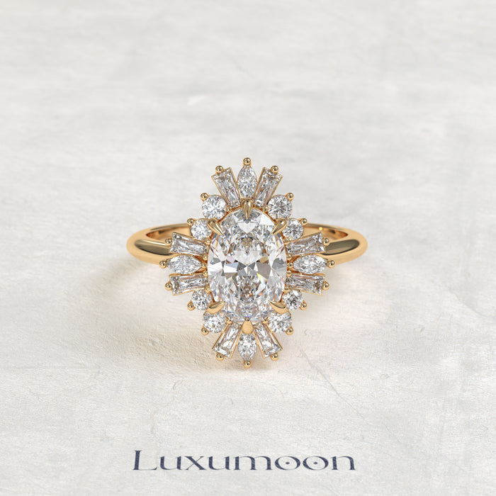 The Mira – Oval Cut Lab Grown Diamond Vintage Ballerina Baguette Halo Engagement Ring
