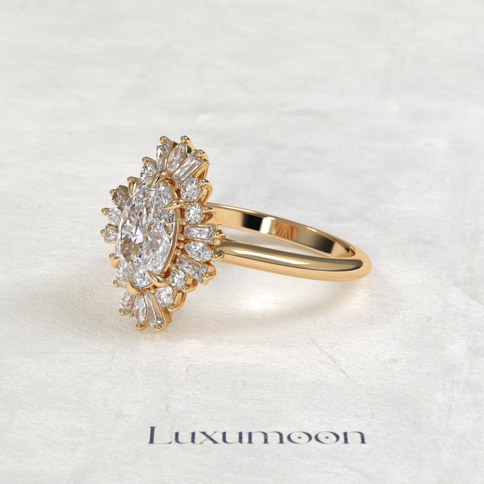 The Mira – Oval Cut Lab Grown Diamond Vintage Ballerina Baguette Halo Engagement Ring