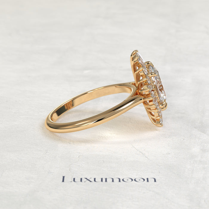 The Mira – Oval Cut Lab Grown Diamond Vintage Ballerina Baguette Halo Engagement Ring