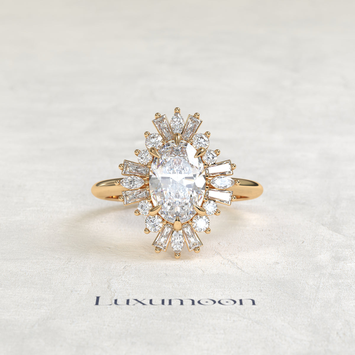 The Mira – Oval Cut Lab Grown Diamond Vintage Ballerina Baguette Halo Engagement Ring