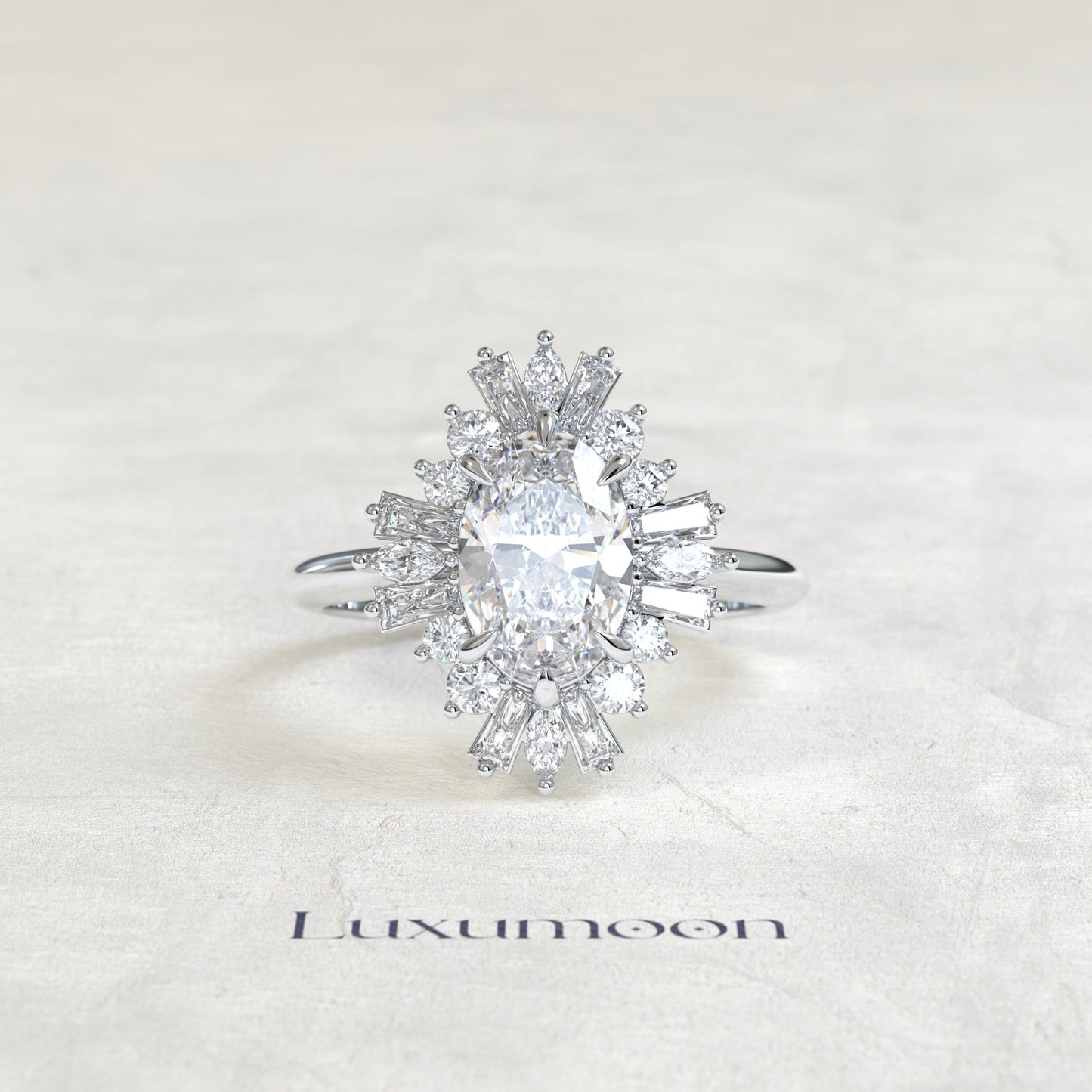 The Mira – Oval Cut Lab Grown Diamond Vintage Ballerina Baguette Halo Engagement Ring
