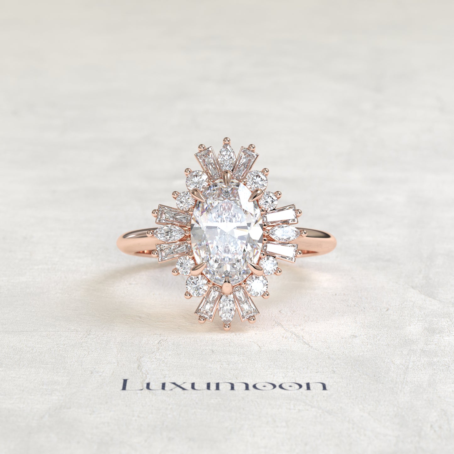 The Mira – Oval Cut Lab Grown Diamond Vintage Ballerina Baguette Halo Engagement Ring